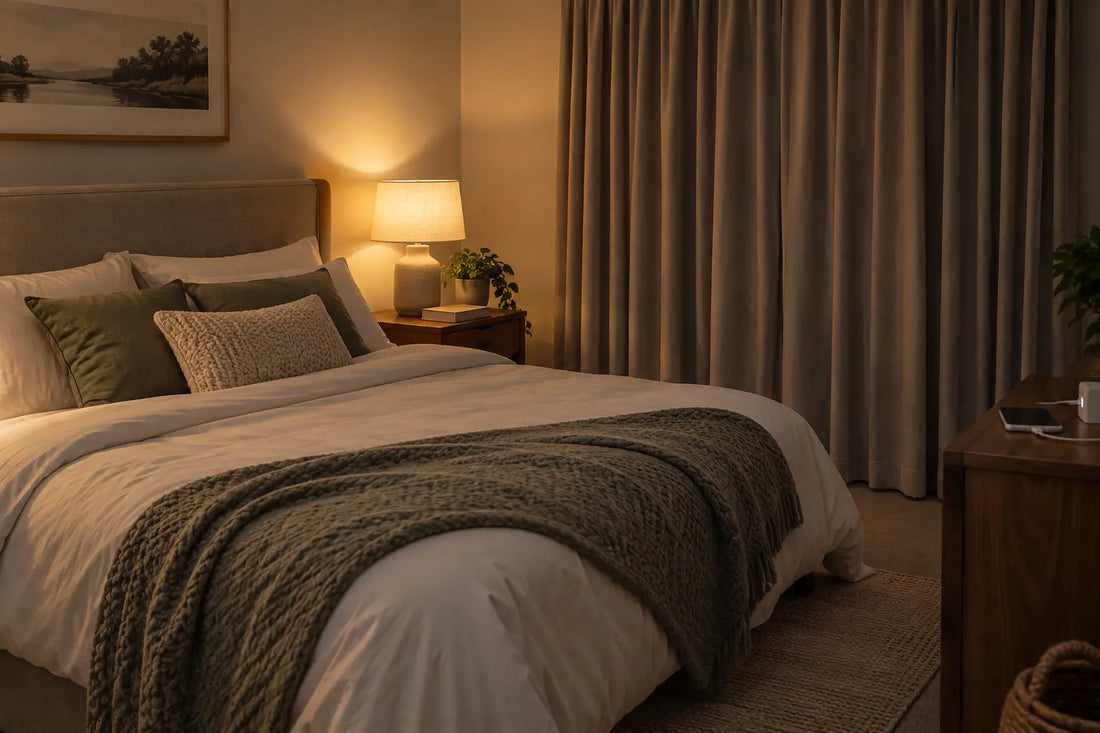 Quiet, cool and dark bedroom arranged to support better sleep
