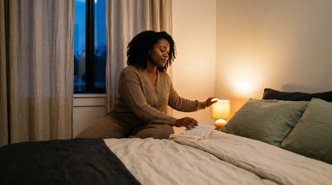 Woman closing a book and reaching for the bedside lamp in a warm, dim bedroom — building a consistent bedtime routine