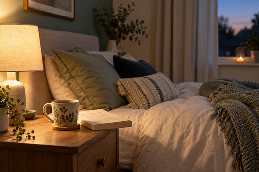 Calm bedroom with a book and warm drink prepared for a repeatable wind-down routine