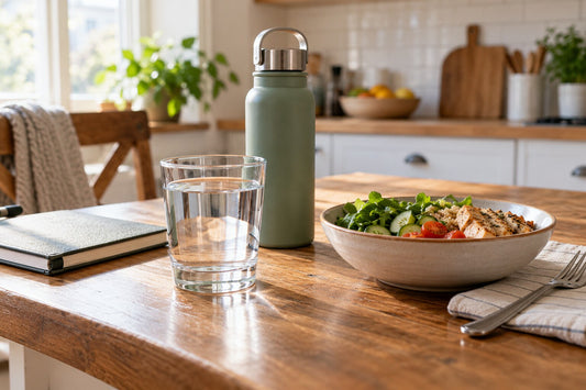 Glass of water and reusable bottle beside a meal and closed notebook on a kitchen table