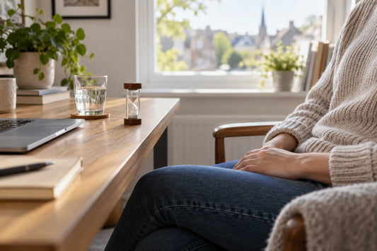 Adult taking a quiet five-minute pause beside a glass of water and timer