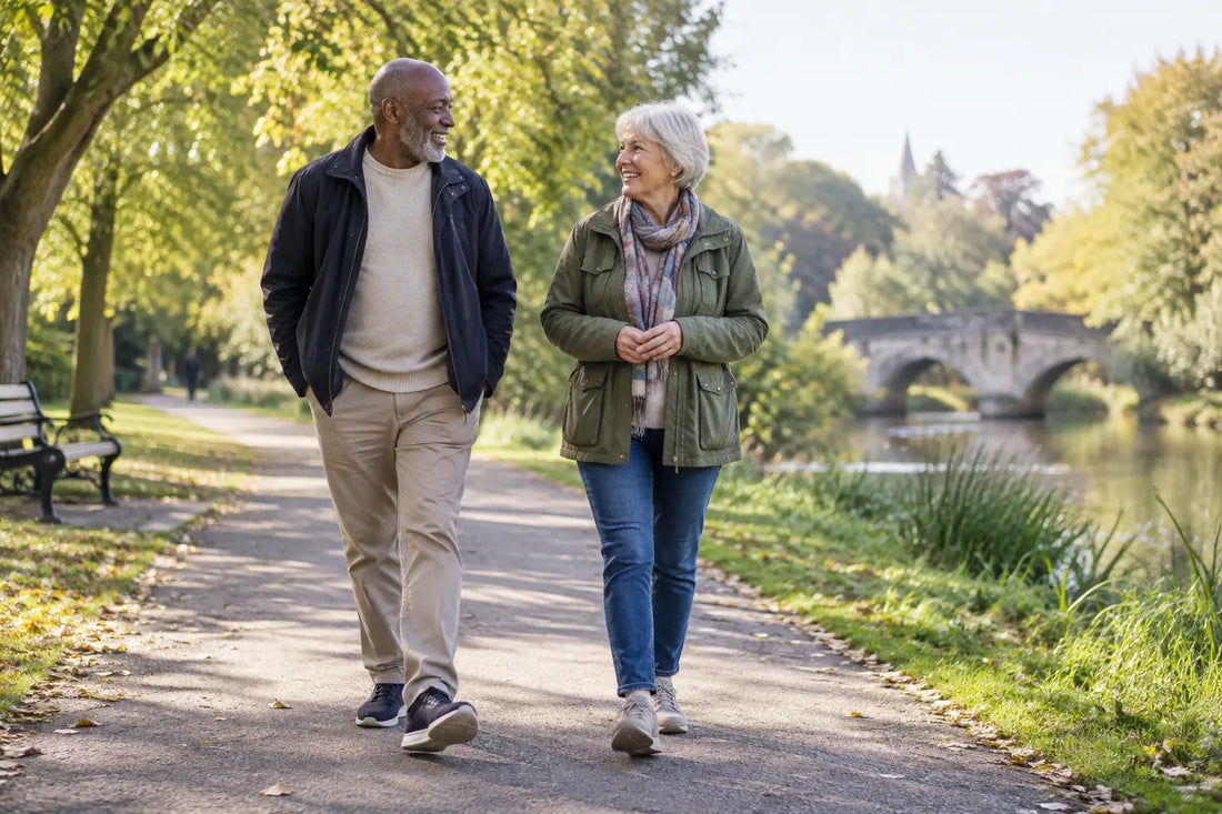 Older adults walking together outdoors as part of an active healthy aging routine