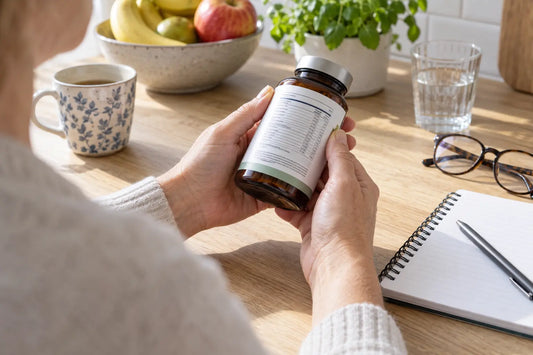 Dietary supplement bottle turned to show its Supplement Facts panel
